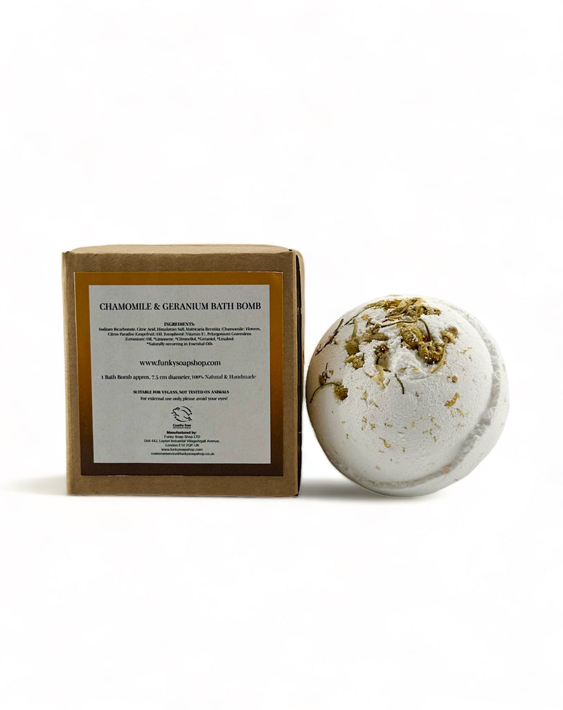 Chamomile & Geranium Bath Bomb with Himalayan Salt and Vitamin E, 180g - Funky Soap Shop