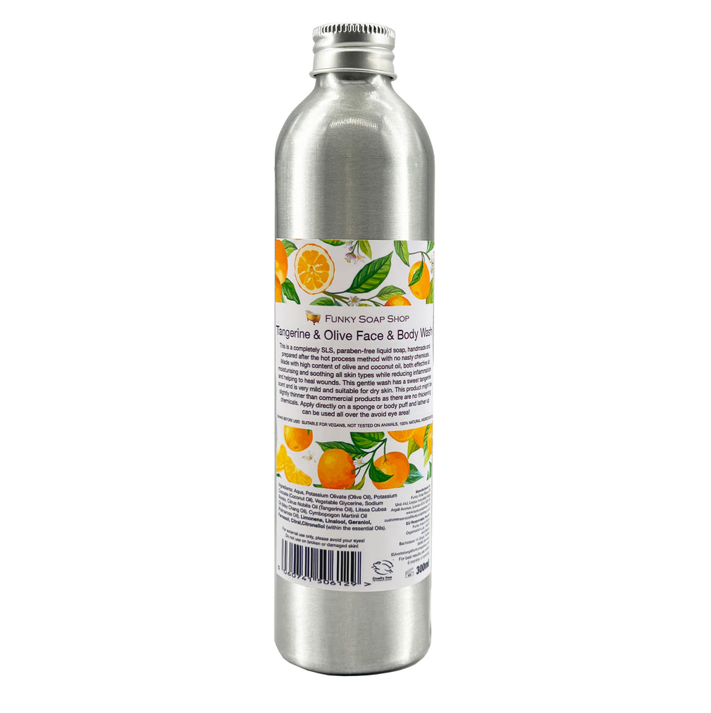 Tangerine & Olive Face & Body Wash, Refillable Aluminium Bottle, 300ml - Funky Soap Shop