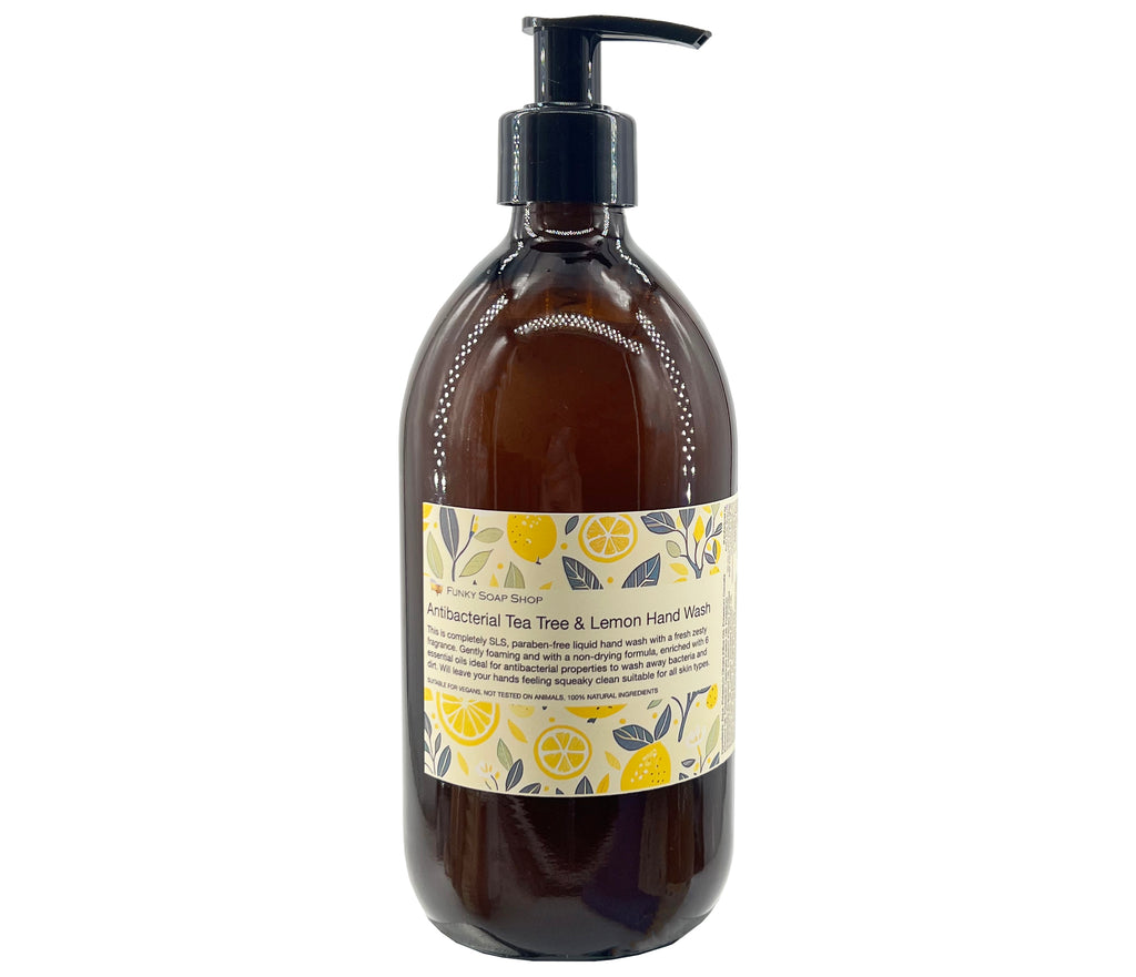 Lemon And Tea Tree Antibacterial Liquid Hand Wash, Glass Bottle 500ml - Funky Soap Shop
