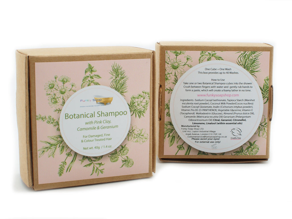 Botanical Shampoo Cubes with Pink Clay & Geranium - for Damaged Hair, 40g - Funky Soap Shop