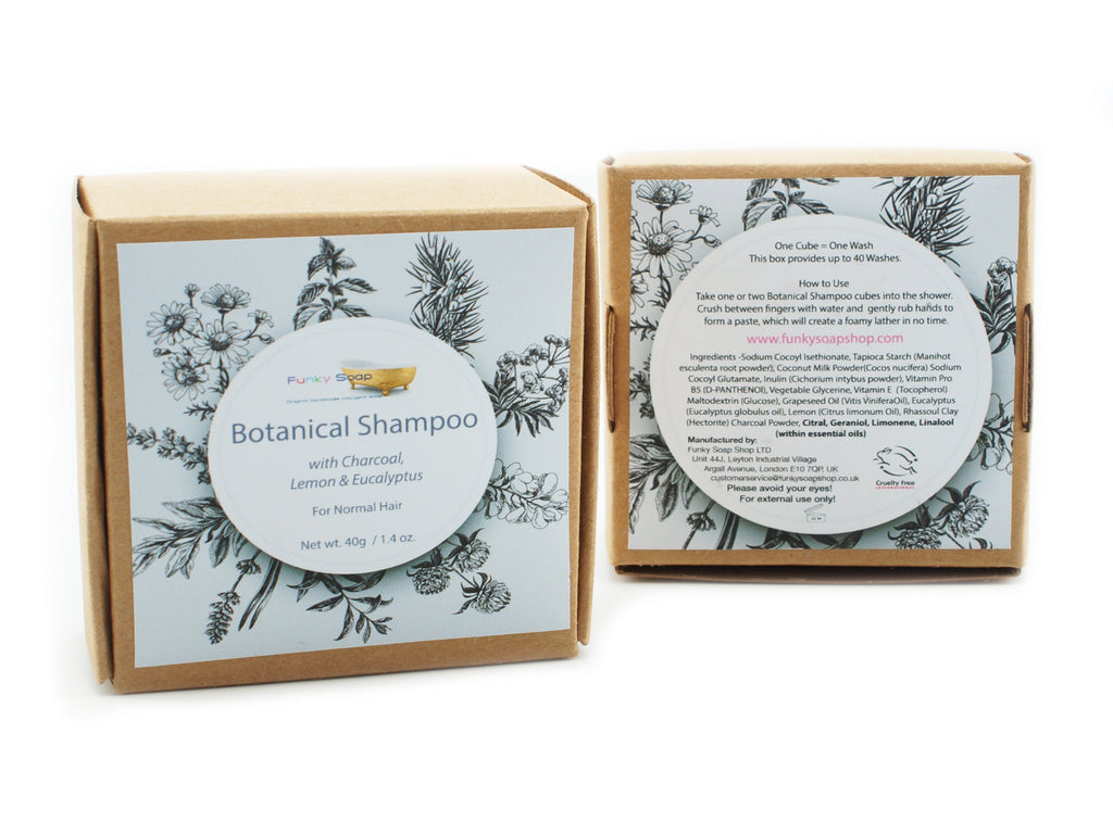 Botanical Shampoo Cubes with Charcoal & Lemon - for Normal Hair, 40g - Funky Soap Shop