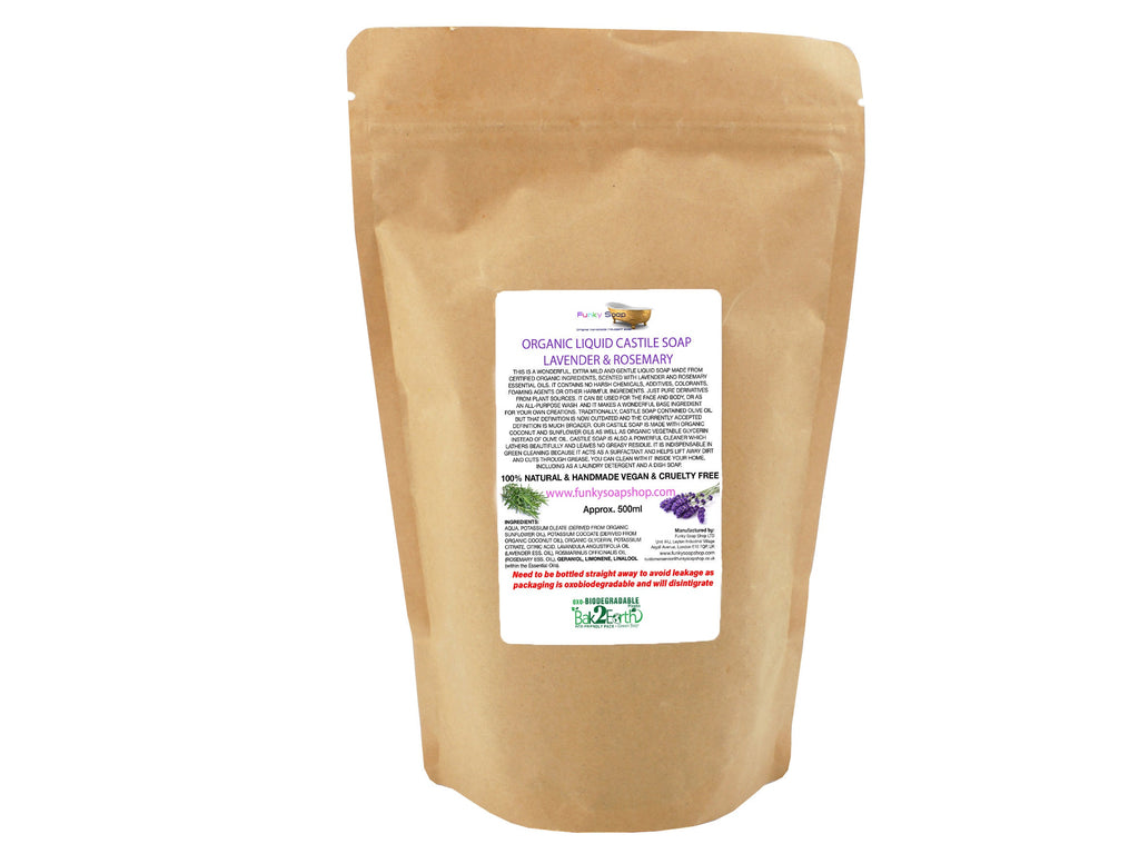 Organic Liquid Castile Soap Lavender & Rosemary, Refill Pouch 500ml - Funky Soap Shop