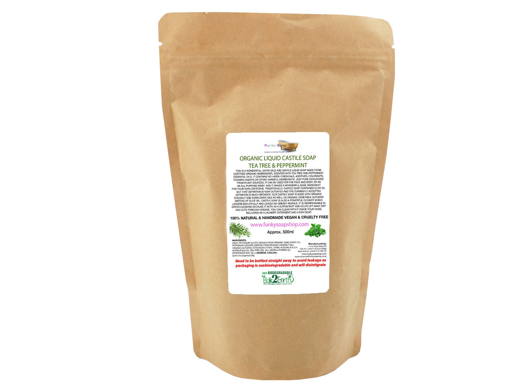 Organic Liquid Castile Soap, Tea Tree & Peppermint, Refill Pouch 500ml - Funky Soap Shop