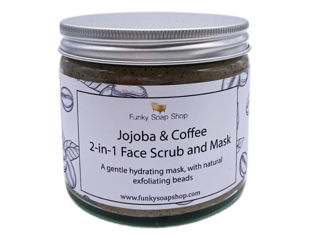 Jojoba & Coffee 2-in-1 Face Scrub and Mask, Glass Jar 250ml / 120ml - Funky Soap Shop