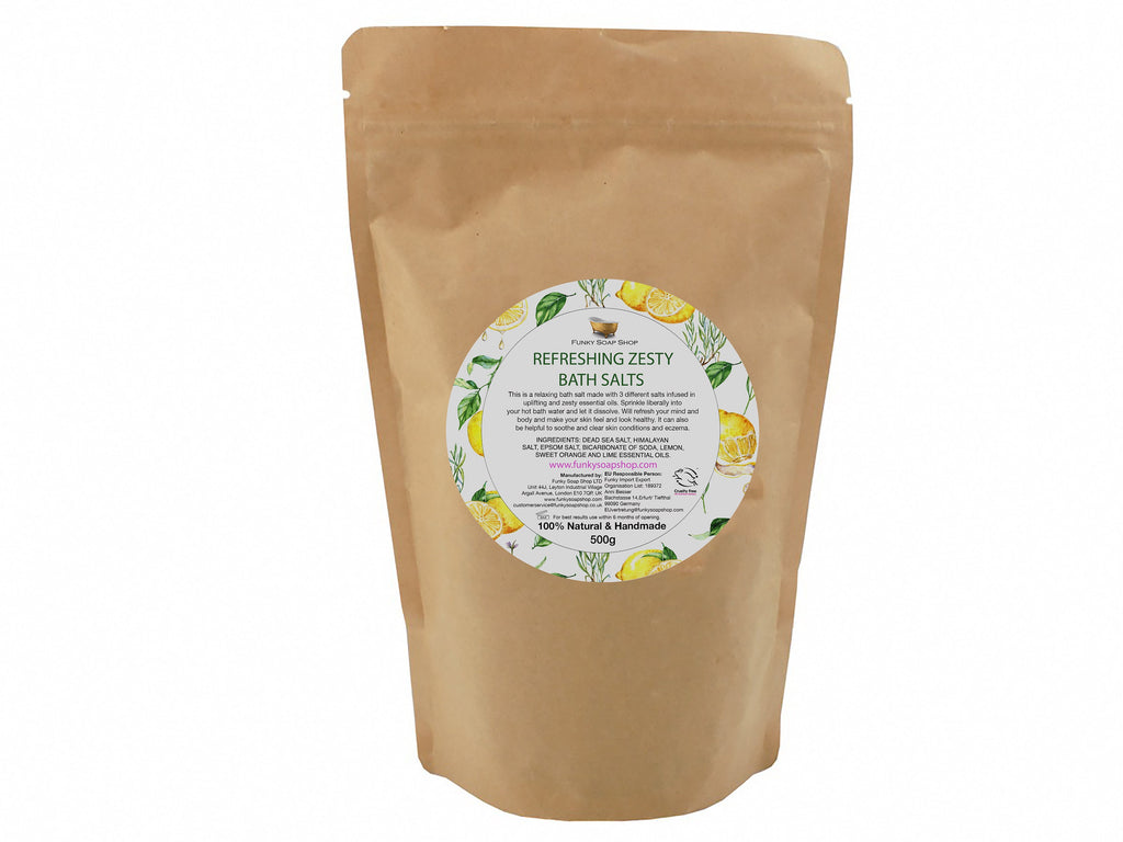 Refreshing Zesty Bath Salts, 100% Natural & Handmade, Refill Pouch of 500g - Funky Soap Shop