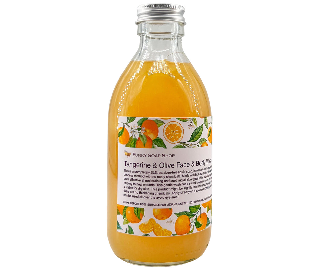 Tangerine & Olive Face & Body Wash, Glass Bottle - Funky Soap Shop