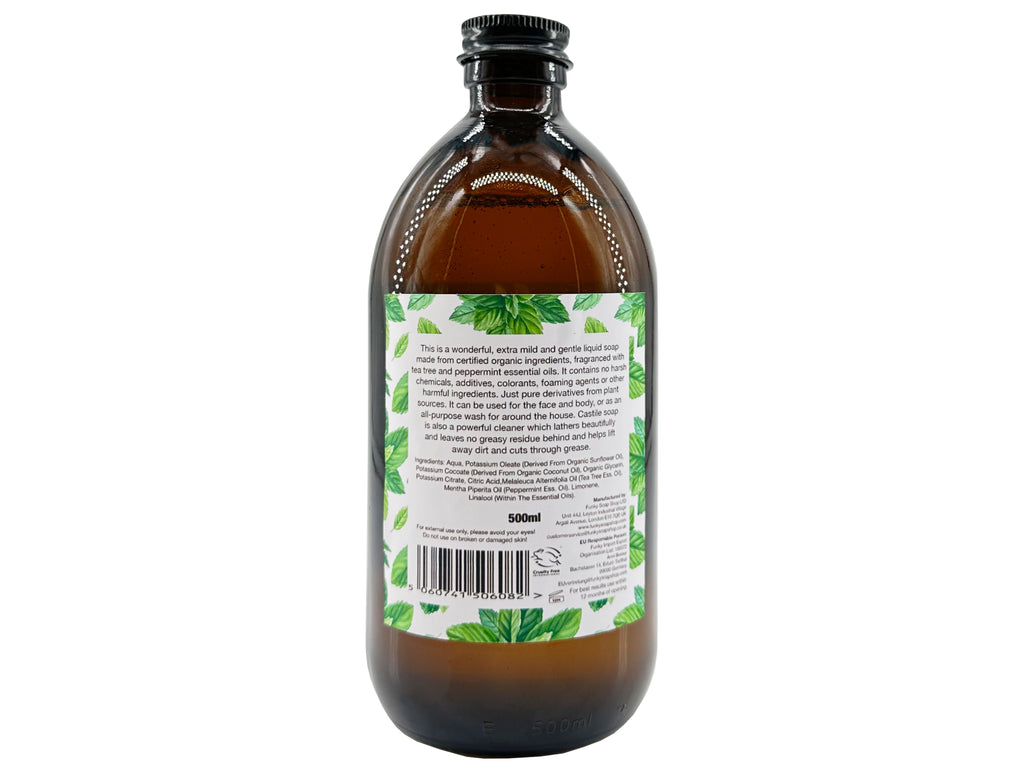 Organic Liquid Castile Soap with Tea Tree & Peppermint, Glass Bottle - Funky Soap Shop