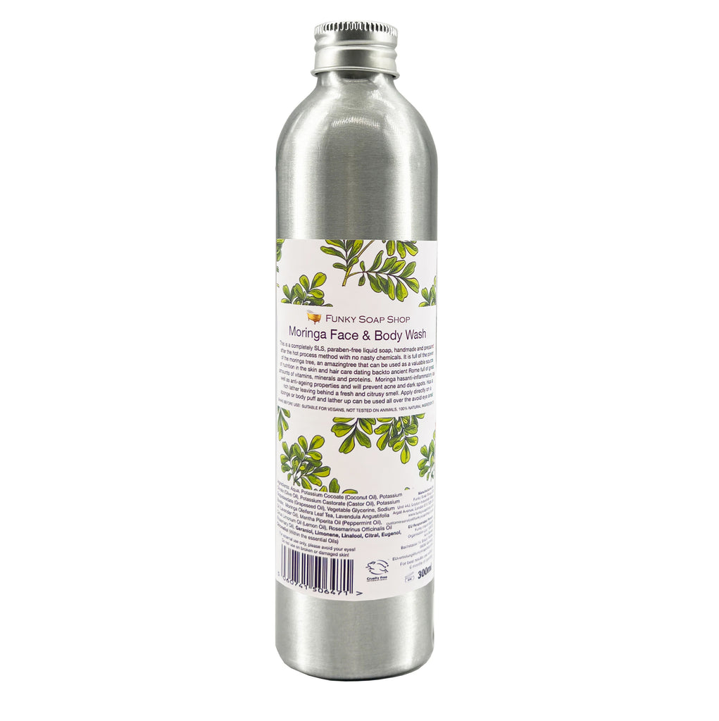 Moringa Face & Body Wash, Refillable Aluminium Bottle, 300ml - Funky Soap Shop