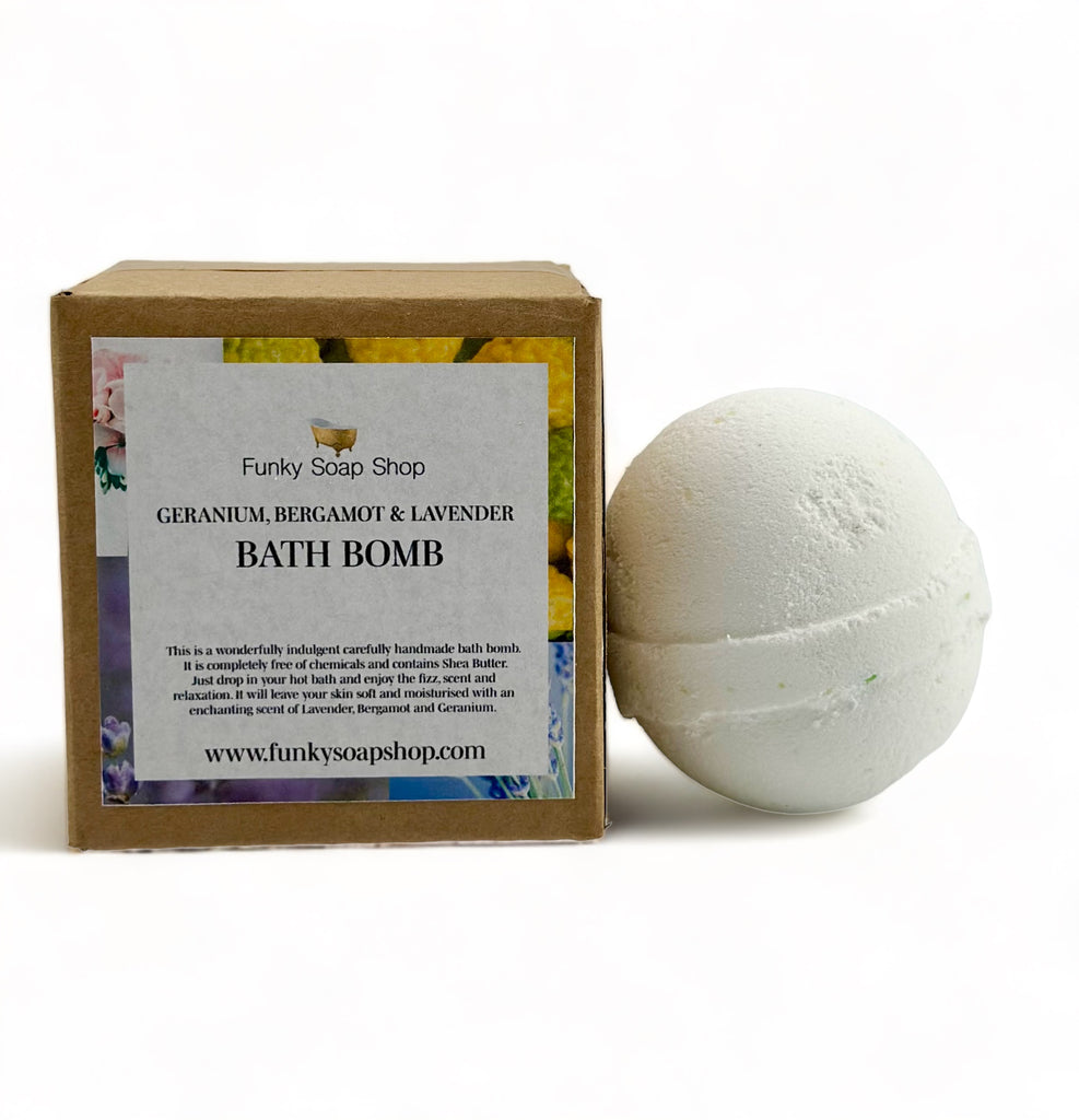 Lavender, Geranium & Bergamot Bath Bomb - Funky Soap Shop