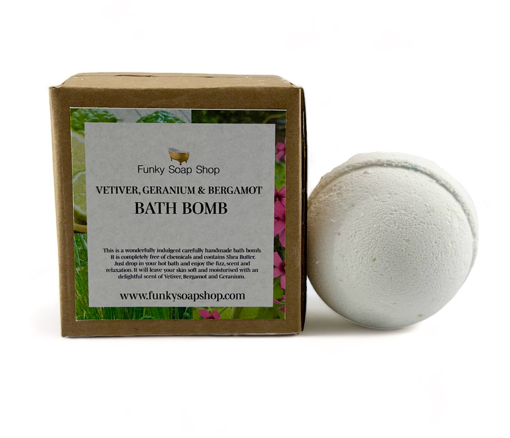 Vetiver, Geranium & Bergamot Bath Bomb - Funky Soap Shop