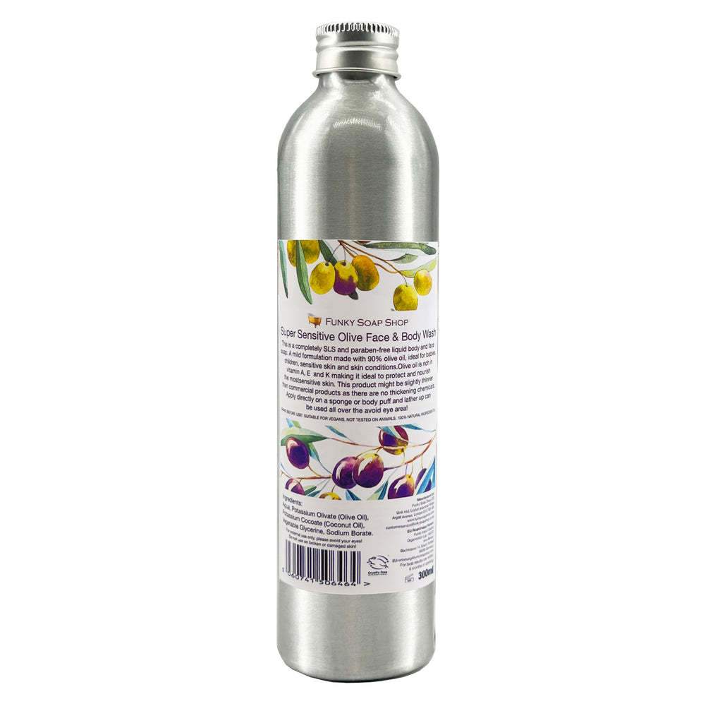 Super Sensitive Olive Face & Body Wash, Refillable Aluminium Bottle, 300ml - Funky Soap Shop