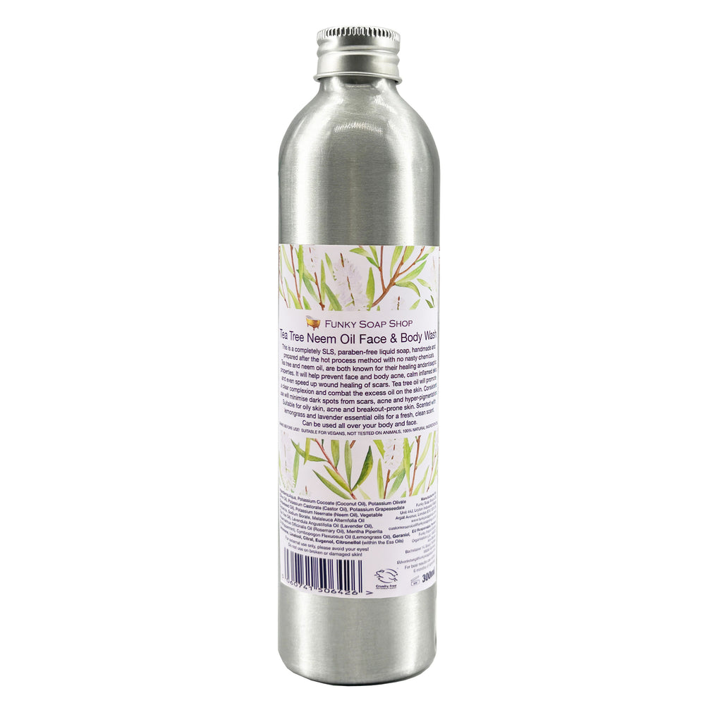 Tea Tree & Neem Oil Face & Body, Refillable Aluminium Bottle, 300ml - Funky Soap Shop