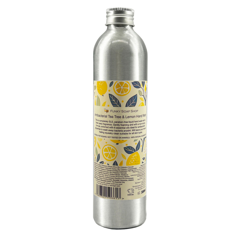 Lemon And Tea Tree Antibacterial Liquid Hand Wash, Refillable Aluminium Bottle, 300ml - Funky Soap Shop