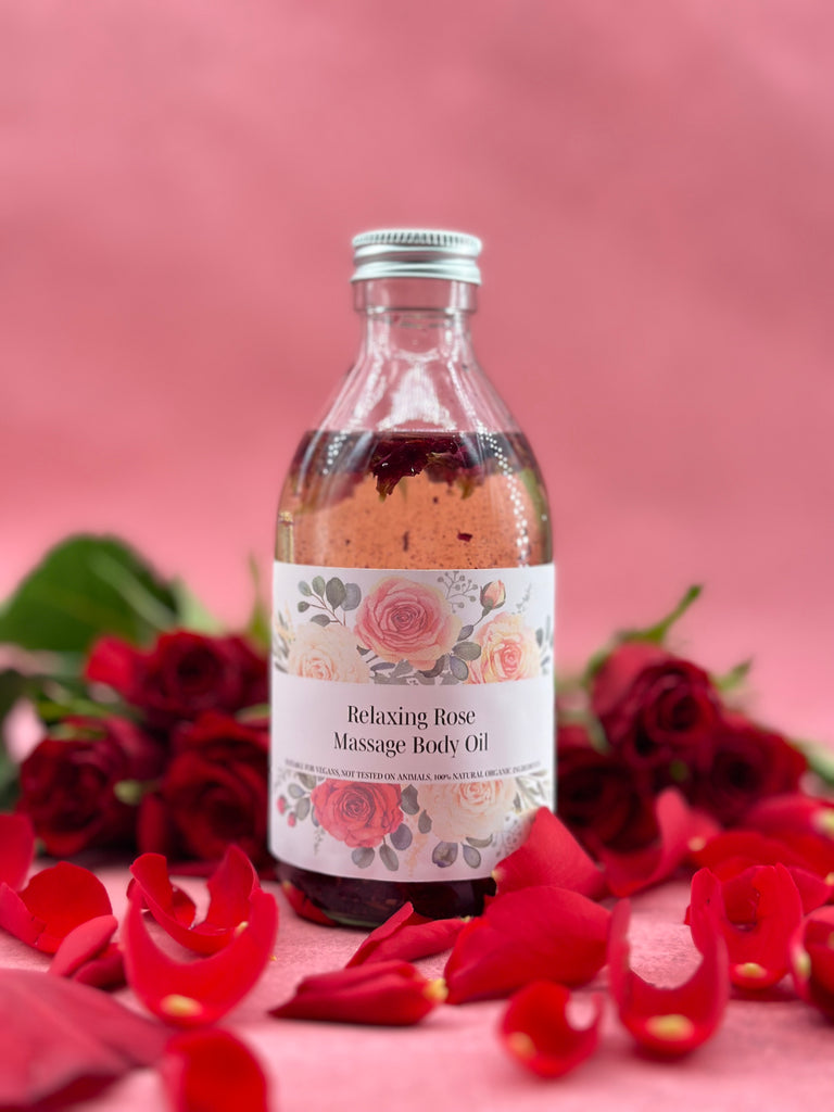 Relaxing Rose Massage Body Oil infused with Rose Petals - Funky Soap Shop