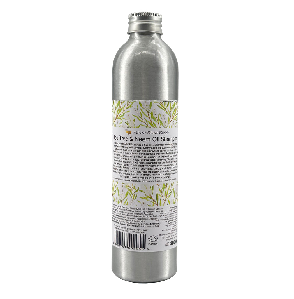 Tea Tree & Neem Oil Shampoo, Refillable Aluminium Bottle - Funky Soap Shop
