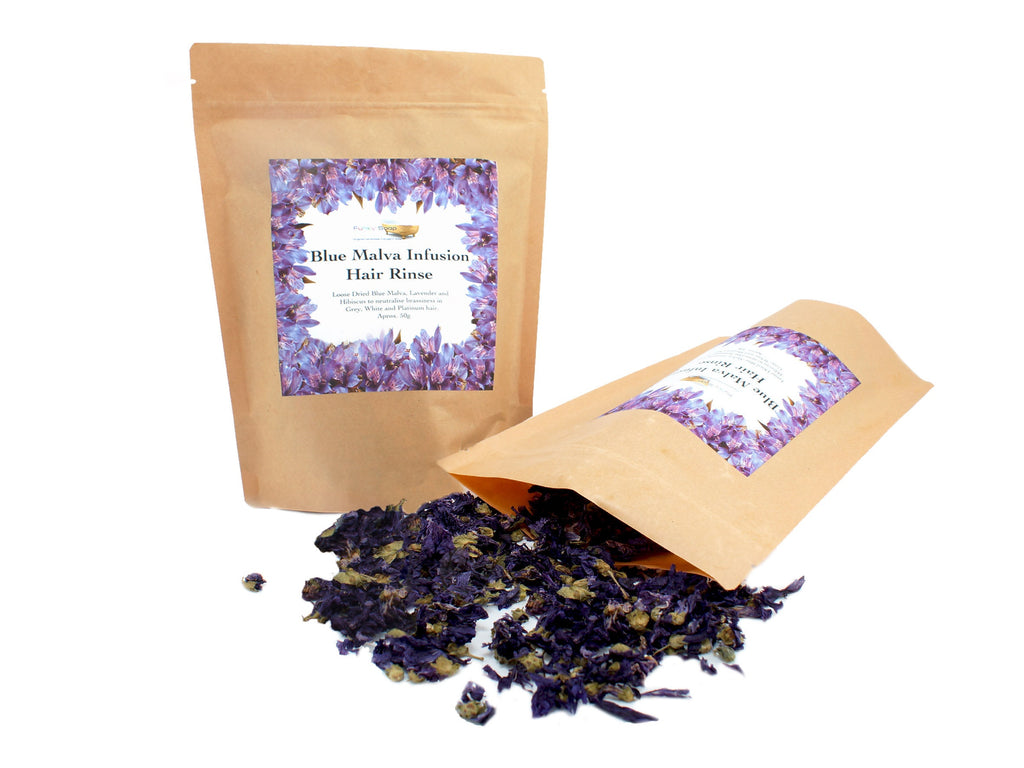 Blue Malva Infusion Hair Rinse for Grey, White and Platinum Hair, Loose Dried Flowers 50g - Funky Soap Shop
