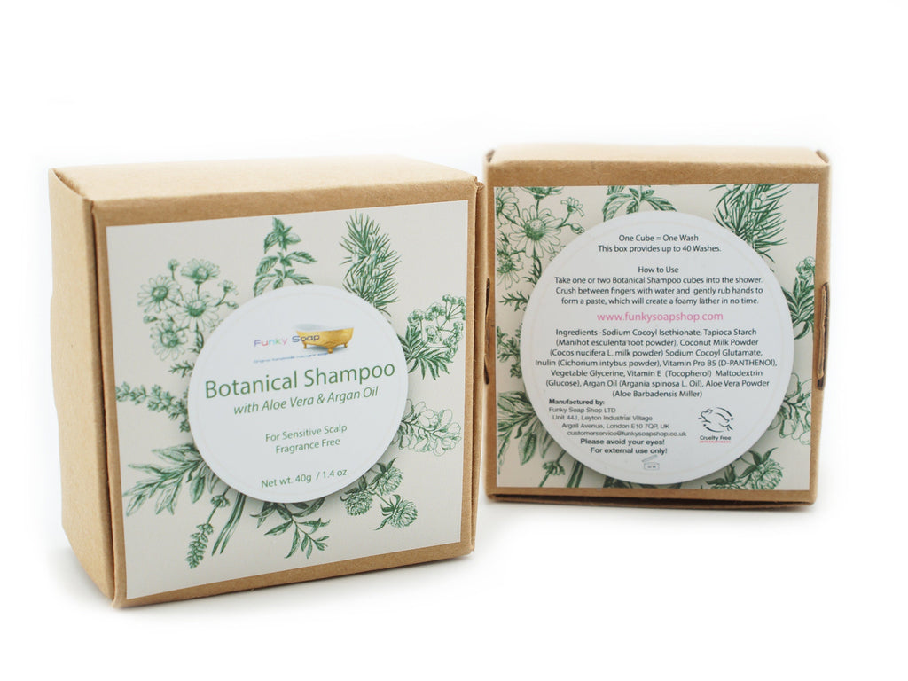 Botanical Shampoo Cubes with Aloe Vera & Argan Oil - for Sensitive Scalp Fragrance Free, 40g - Funky Soap Shop