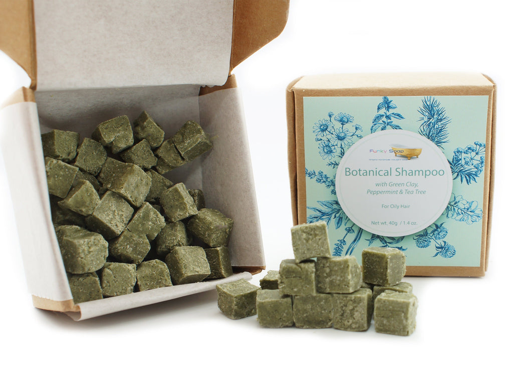 Botanical Shampoo Cubes with Green Clay and Peppermint - for Oily Hair, 40g - Funky Soap Shop