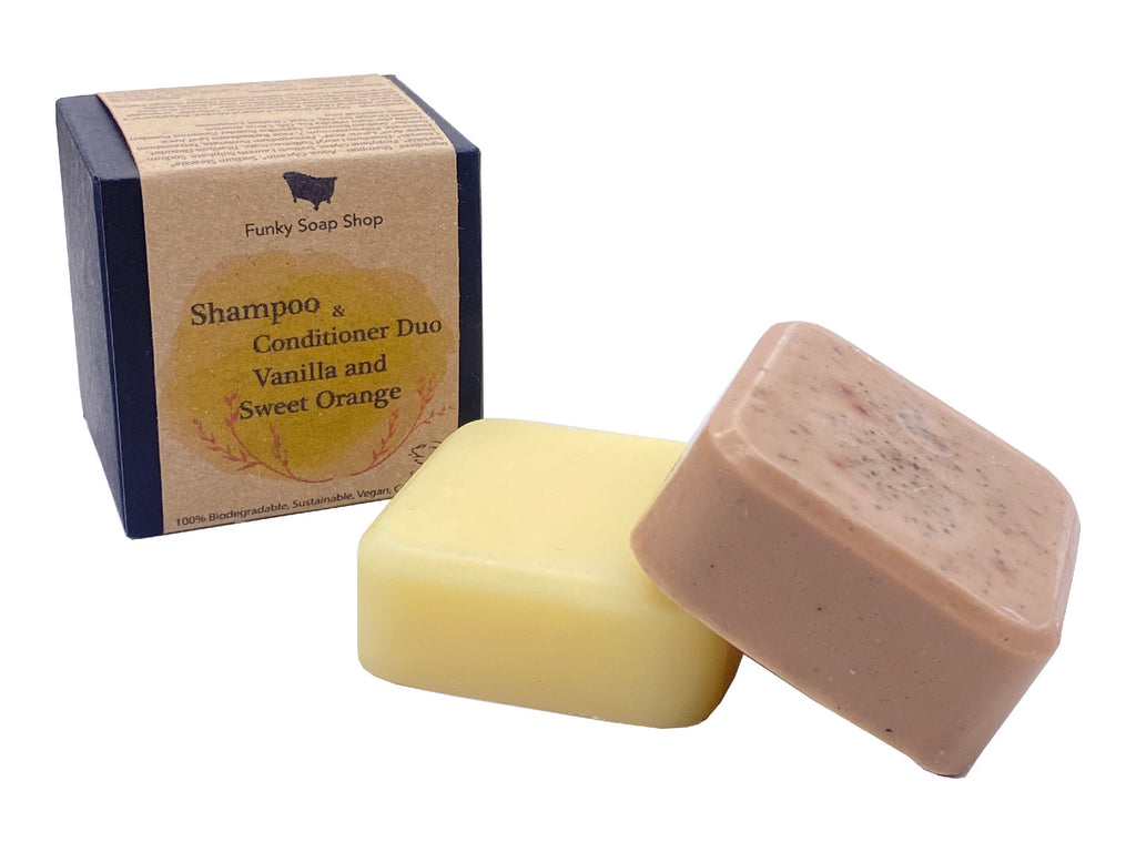 Shampoo & Conditioner DUO, Vanilla and Sweet Orange Essential Oil, 60g/40g - Funky Soap Shop