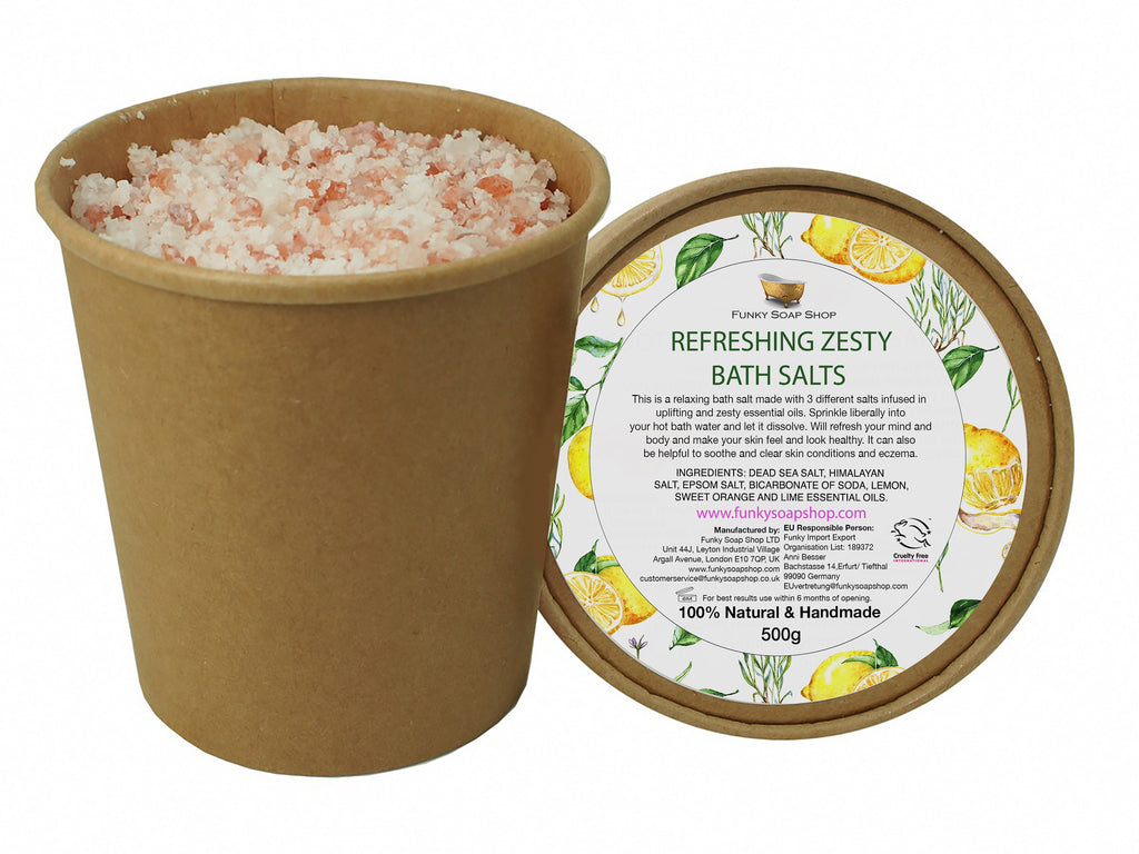 Refreshing Zesty Bath Salts, 100% Natural & Handmade, Plastic Free, Kraft Tub of 500g - Funky Soap Shop