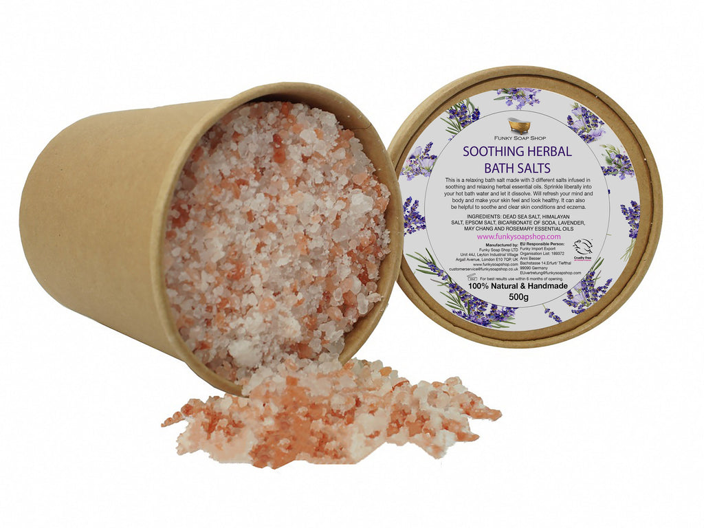 Soothing Herbal Bath Salts, 100% Natural & Handmade, Plastic Free, Kraft Tub of 500g - Funky Soap Shop