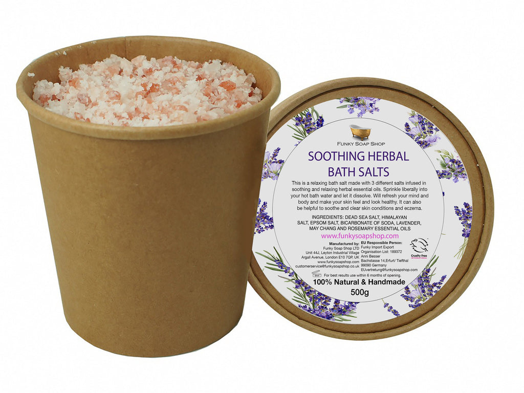 Soothing Herbal Bath Salts, 100% Natural & Handmade, Plastic Free, Kraft Tub of 500g - Funky Soap Shop