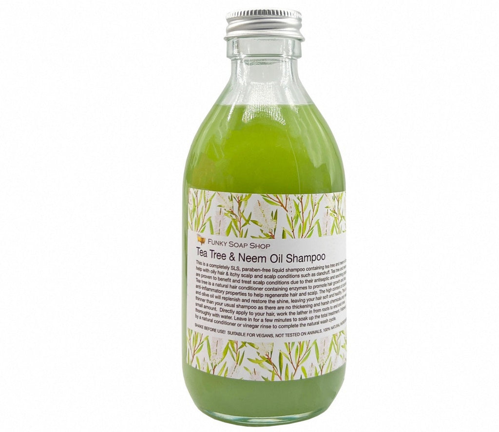Tea Tree & Neem Oil Liquid Shampoo, Glass Bottle - Funky Soap Shop