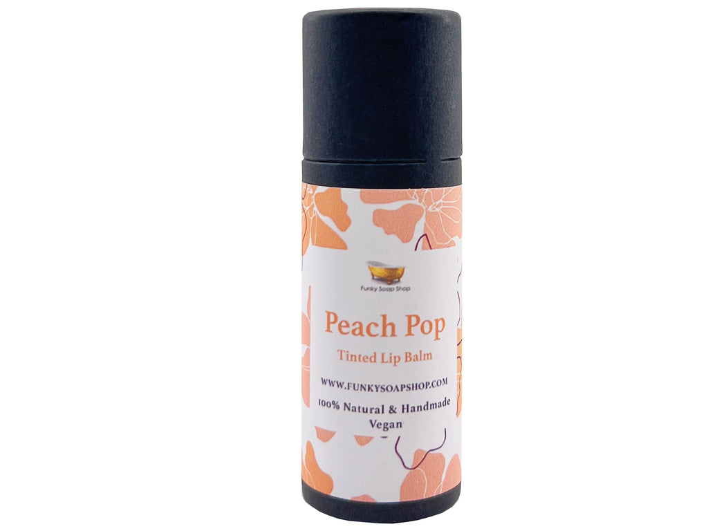 Peach Pop Tinted Vegan Lip Balm, Biodegradable Cardboard tube, 15g - Funky Soap Shop
