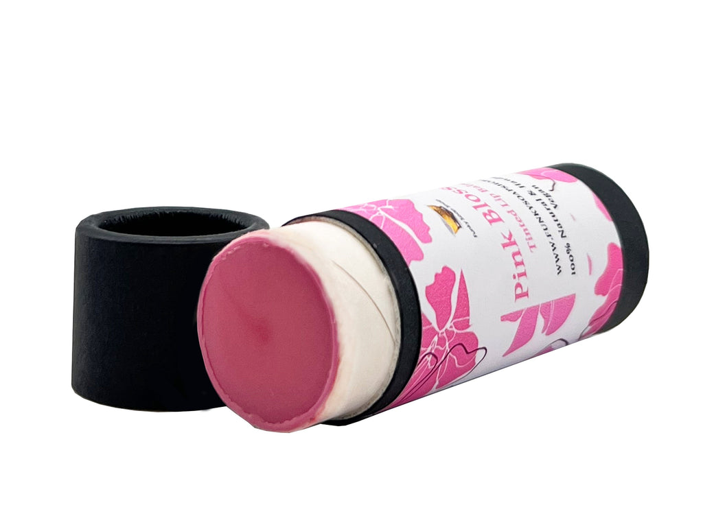 Pink Blossom Tinted Vegan Lip Balm, Biodegradable Cardboard tube, 15g - Funky Soap Shop
