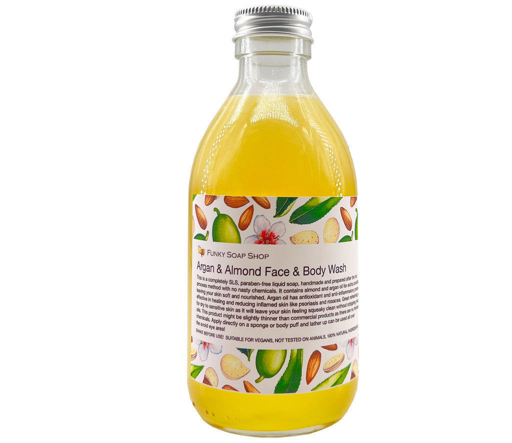 Argan & Almond Oil Face & Body Wash, Glass Bottle - Funky Soap Shop