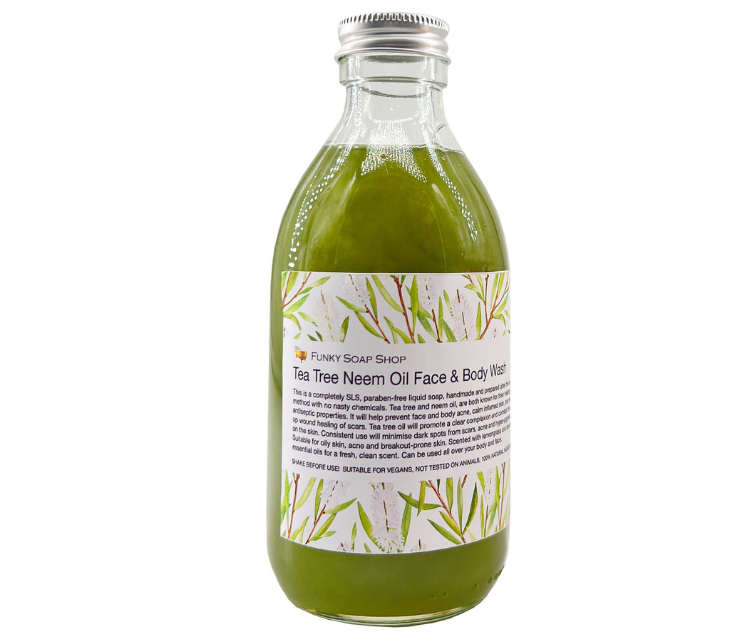Tea Tree Neem Oil Face & Body Wash, Glass Bottle - Funky Soap Shop